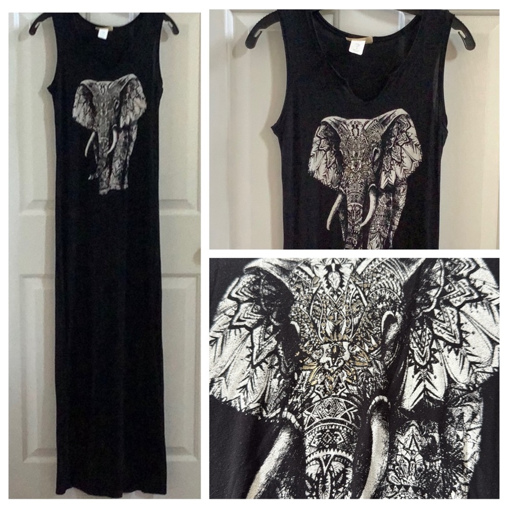 Black Sleeveless Maxi Dress with Elephant Print